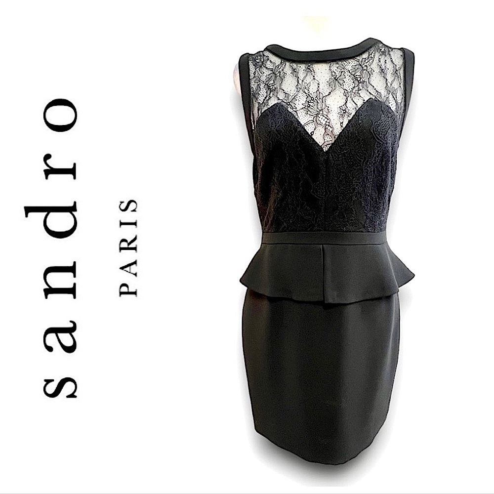 SANDRO Sleeveless Black Sheer Lace Sweetheart Neckline Peplum Cocktail Dress SZ1
